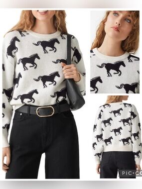 & Other Stories Ivory Black Horse Sweater Wool Blend Equestrian Crewneck Size M
